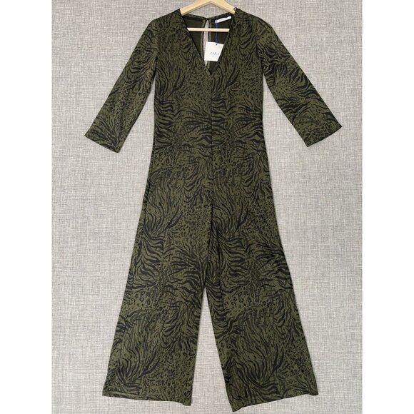 Zara Trafaluc Jumpsuit Womens Small Safari Animal Print Green Black Circular New - Picture 1 of 15